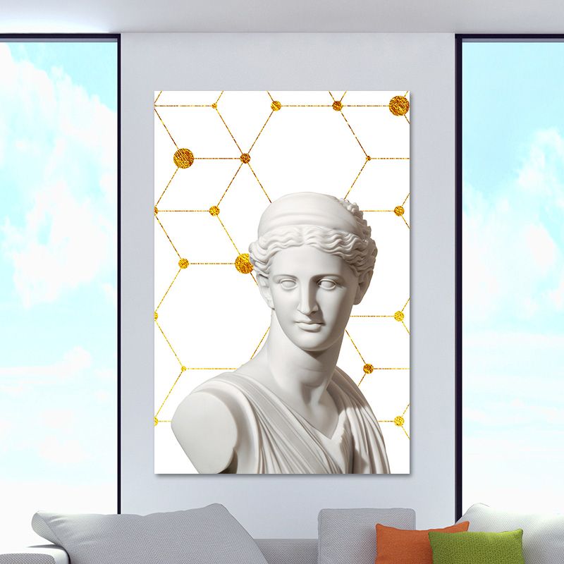 Greek Status and Geometric Canvas Vintage Textured Wall Art Print in White-Gold for Home