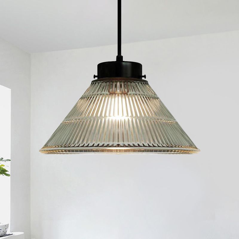 Tapered Clear Ribbed Glass Suspension Lighting Retro Style 1 Head Restaurant Pendant Ceiling Light