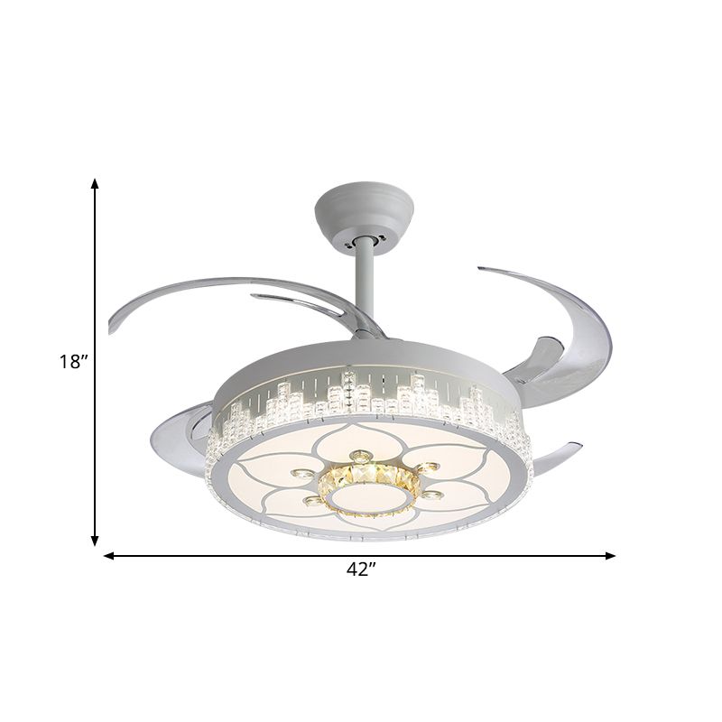 Crystal Blocks White Semi Mount Light Round Modern 4 Blades LED Ceiling Fan Lamp with Flower/Snowflake/Chinese Knot Pattern, 19" Wide