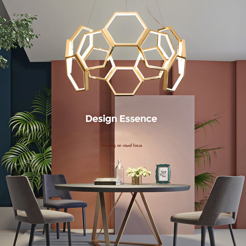 Gold Honeycomb Chandelier Postmodern Minimalist LED Metal Hanging Light for Living Room