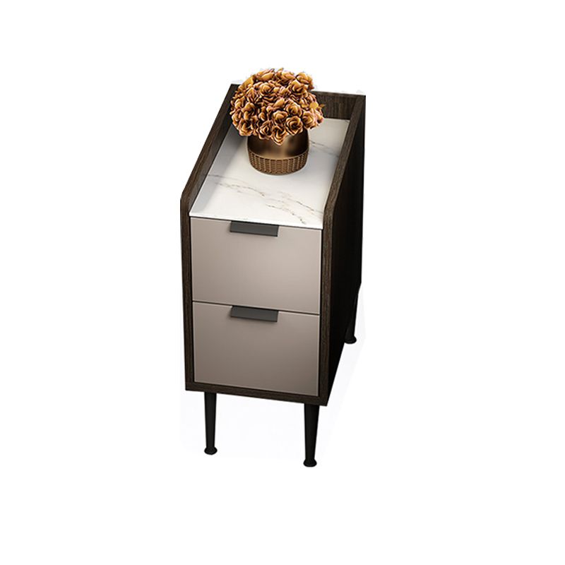 Espresso Wood and Off-White Night Table  Modern Stone and Pearl Wood Bedside Cabinet