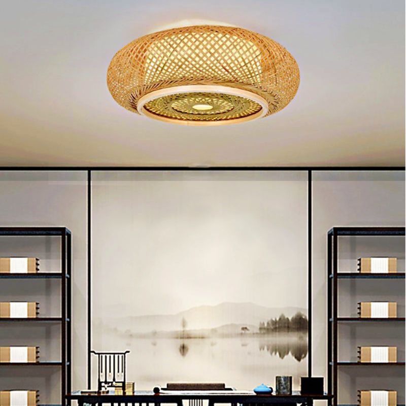 Asian Style Bamboo Flush Mount Lighting Rounded Drum Ceiling Light for Living Room