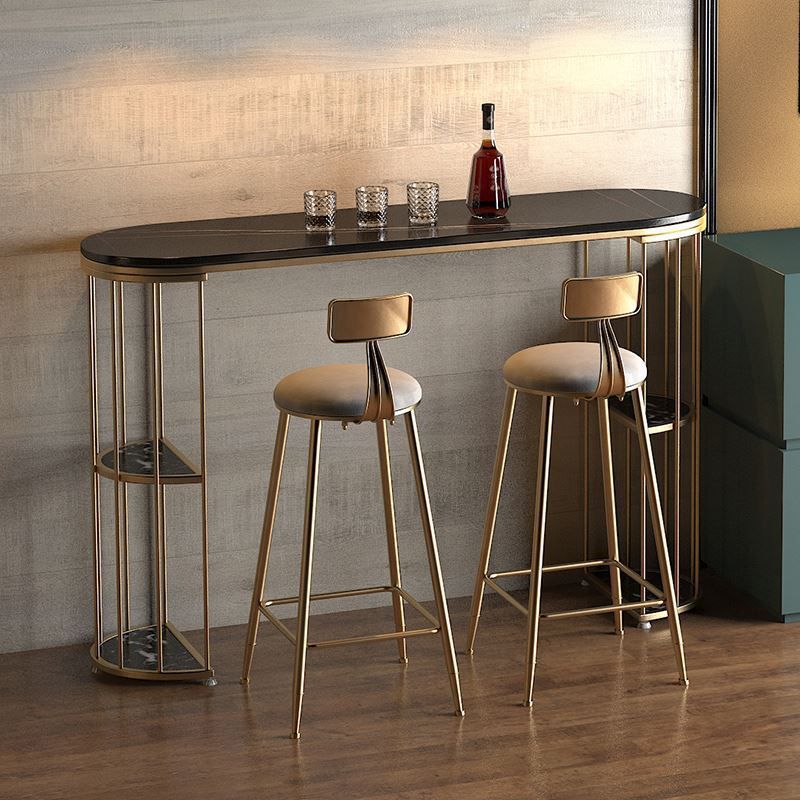 Glam Style Bar Table Oval Stone Top Pub Table with Cabinet for Dining Room