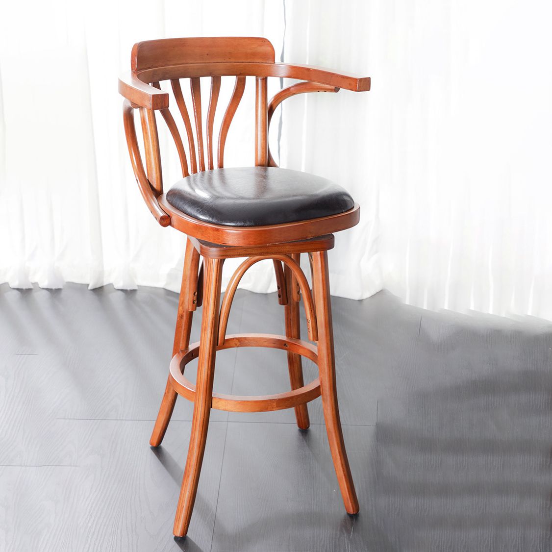 Industrial Armed Bar Stools Oak Wood Dining Stool with Footrest