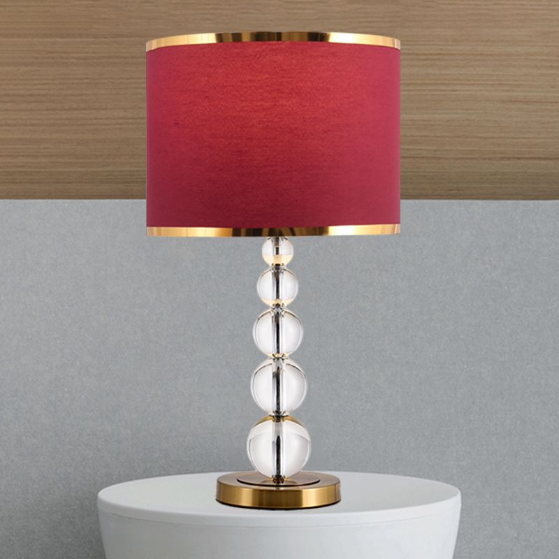 1-Head Drum Shade Nightstand Lamp Traditional Burgundy/Beige Fabric Table Light with Spherical Crystal Post