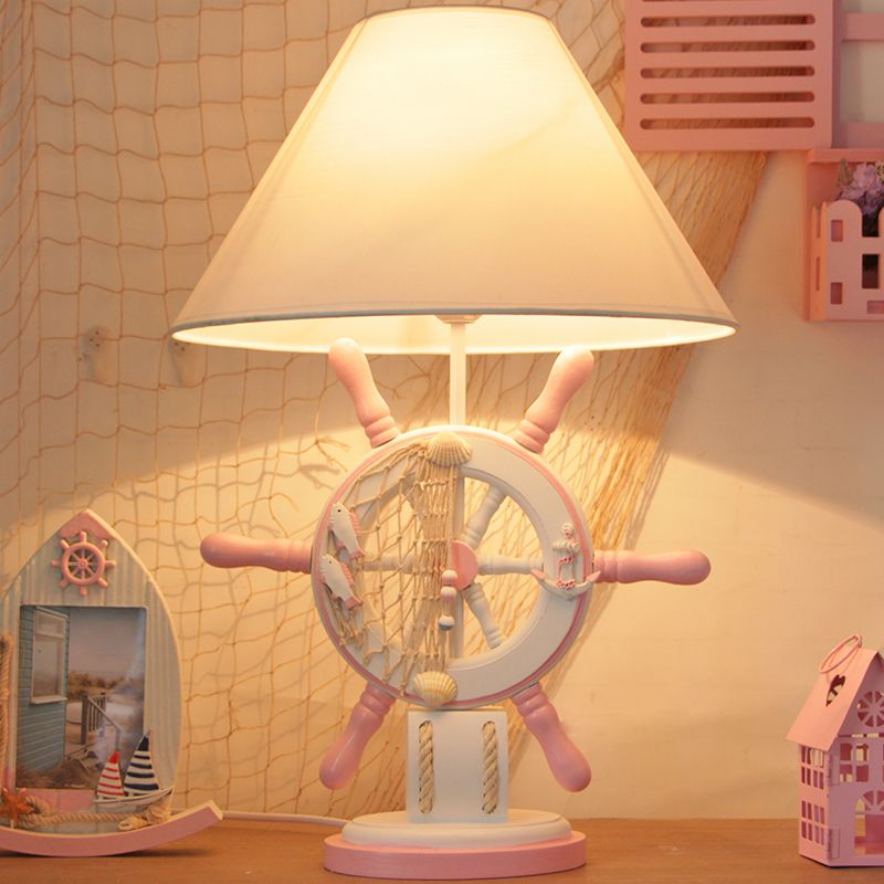 Rudder Resin Task Light Children Single Head Pink/Green Desk Lamp with Barrel White Fabric Shade