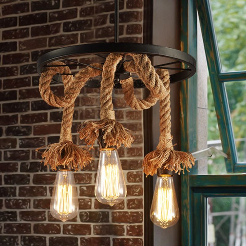 Industrial Exposed Bulb Chandelier Lamp Rope Suspension Pendant Light for Living Room