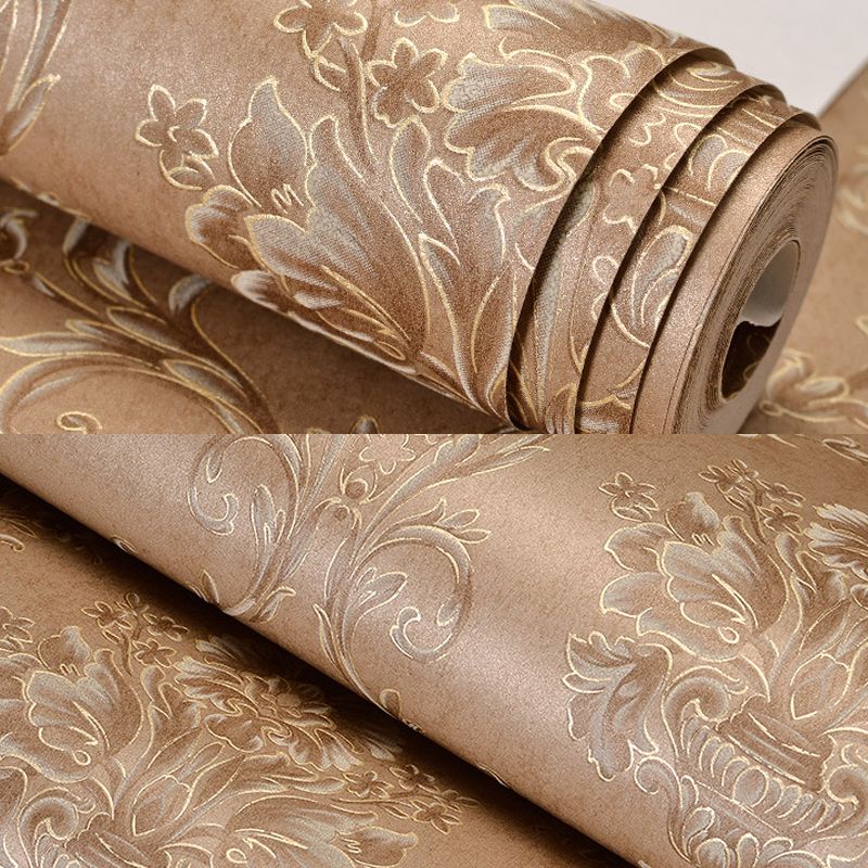 Brown Floral Wallpaper Roll Moisture Resistant Antique Dining Room Wall Covering