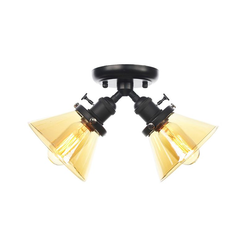 2 Heads Restaurant Ceiling Light Fixture Vintage Style Black/Bronze Semi Flush Mount Light with Conic Amber/Clear Glass Shade