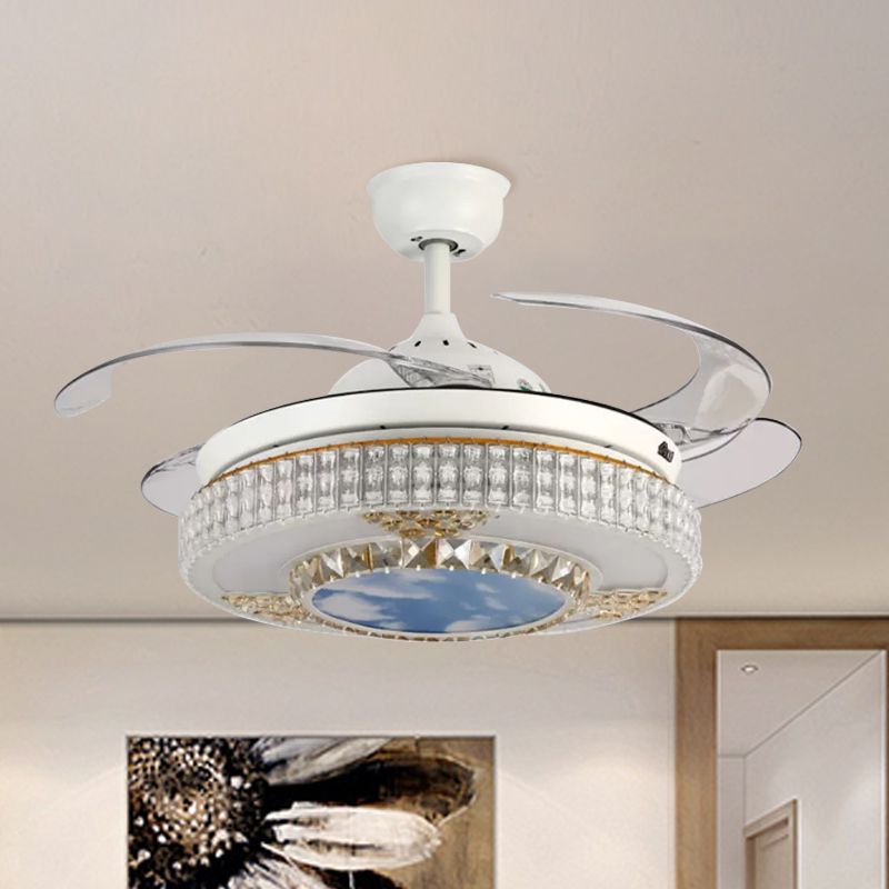 Eenvoudige LED-hangende ventilatorlamp Witte cirkel 4-blade semi-spoellamp met kristalschaduw, 19 "breedte