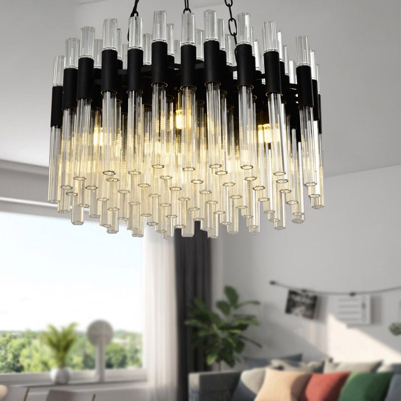 8 Lights Living Hanging Lamp Kit Modern Black Chandelier Light with Drum Fluted Crystal Shade