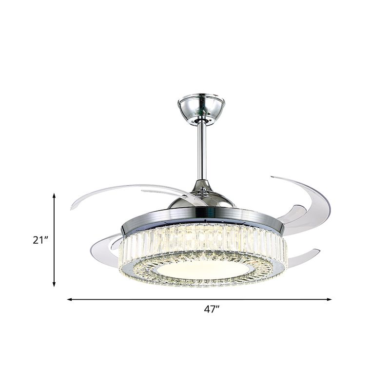 47" Wide LED Flush Ceiling Fan Minimalist Round Crystal Semi Flush Light with 4 Retractable Blades in Chrome