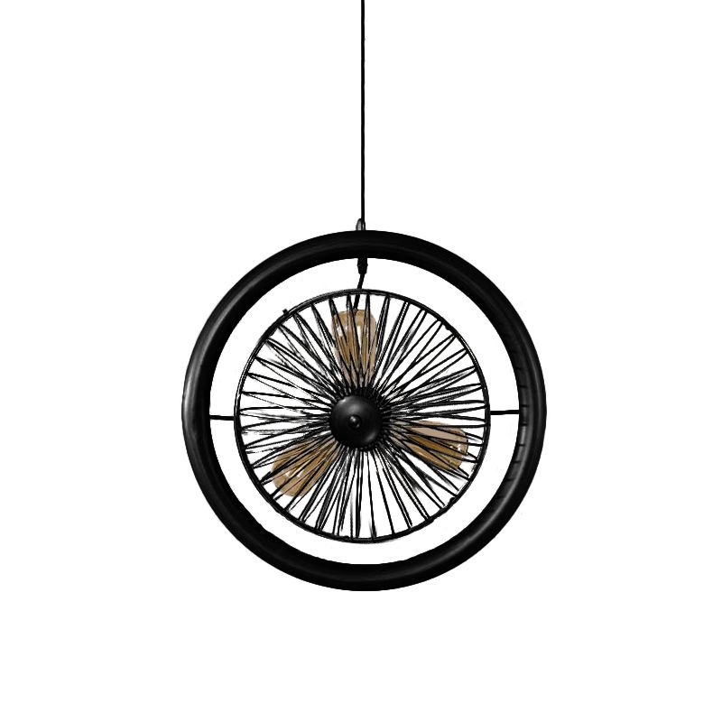 Brass/Black Finish Circle Cage Light Fixture Farmhouse Metal 3 Lights Kitchen Hanging Lamp with Fan Design