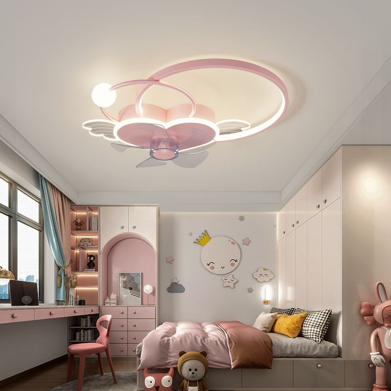 Heart and Halo Ring Shaped Ceiling Fan Cartoon Acrylic Bedroom LED Semi Flush Light