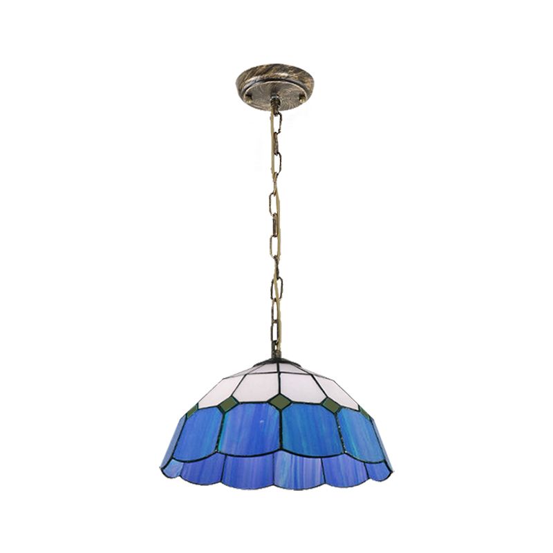 Domed Ceiling Light Tiffany 1 Head Yellow/Blue Handcrafted Art Glass Suspended Lighting Fixture, 12"/16" Wide