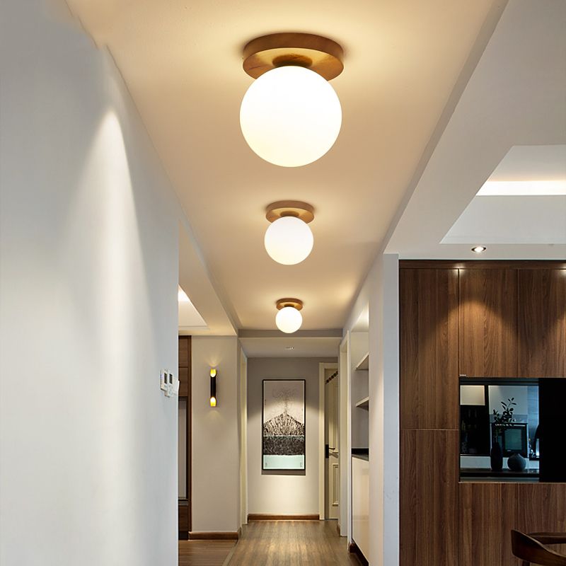 Spherical Ceiling Mounted Fixture Simplicity Style Wood Ceiling Mounted Light