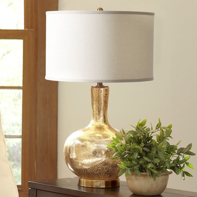 Vase Crackle Glass Night Light Country 1-Head Bedroom Nightstand Lighting in Gold with Cylinder Fabric Shade