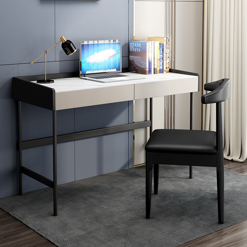 Modern Stone Rectangular Writing Desk 2-Drawers White Office Desk with H-Base