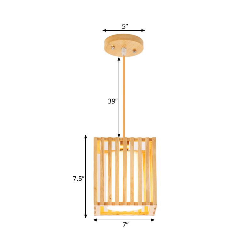 Kit di luce a sospensione a gabbia quadrata moderna legno 1 leggero luce appesa al beige con tonalità in tessuto interno