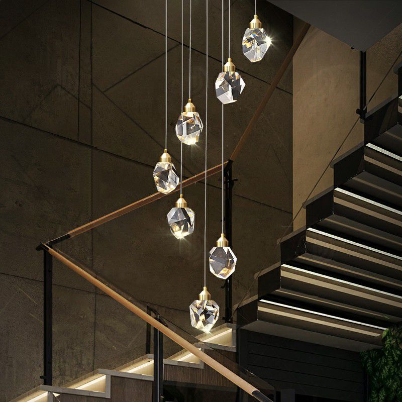 Clear Faceted Crystal Gemstone Hanging Light Minimalistic Multi Pendant Ceiling Light for Staircase