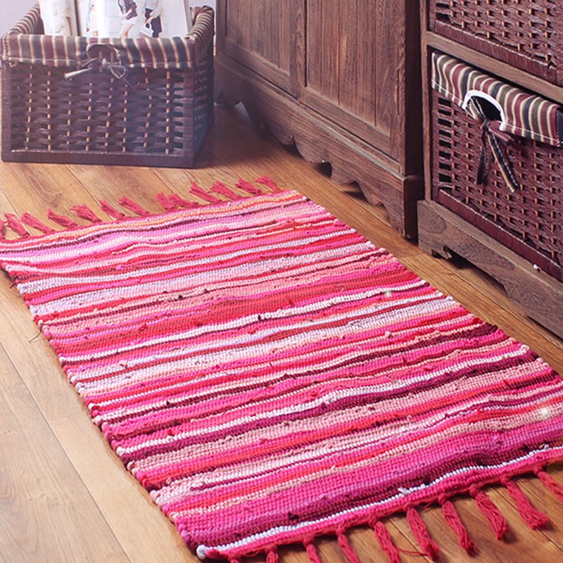 Bohemian Bedroom Rug Multi Colored Striped Pattern Area Rug Cotton Easy Care Washable Carpet with Tassel