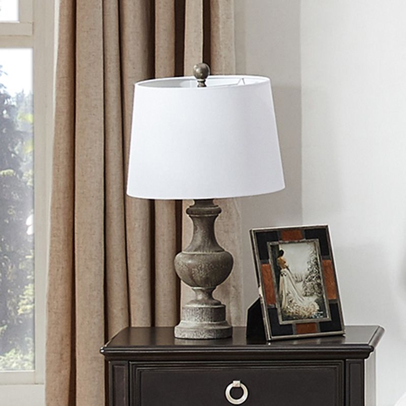 White Barrel Shade Nightstand Lamp Antique Fabric 1-Bulb Bedside Desk Light with Urn Base