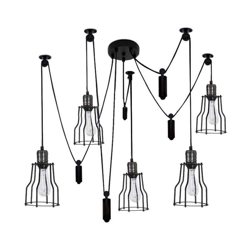 5 Bulbs Spider Pendant Light with Wire Guard Shade Farmhouse Style Black Finish Metal Ceiling Fixture for Bedroom