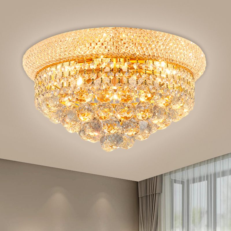 Crystal Orb Cone Flush Mount Contemporary 16"/23.5" W 6/9 Heads Close to Ceiling Light in Gold for Bedroom