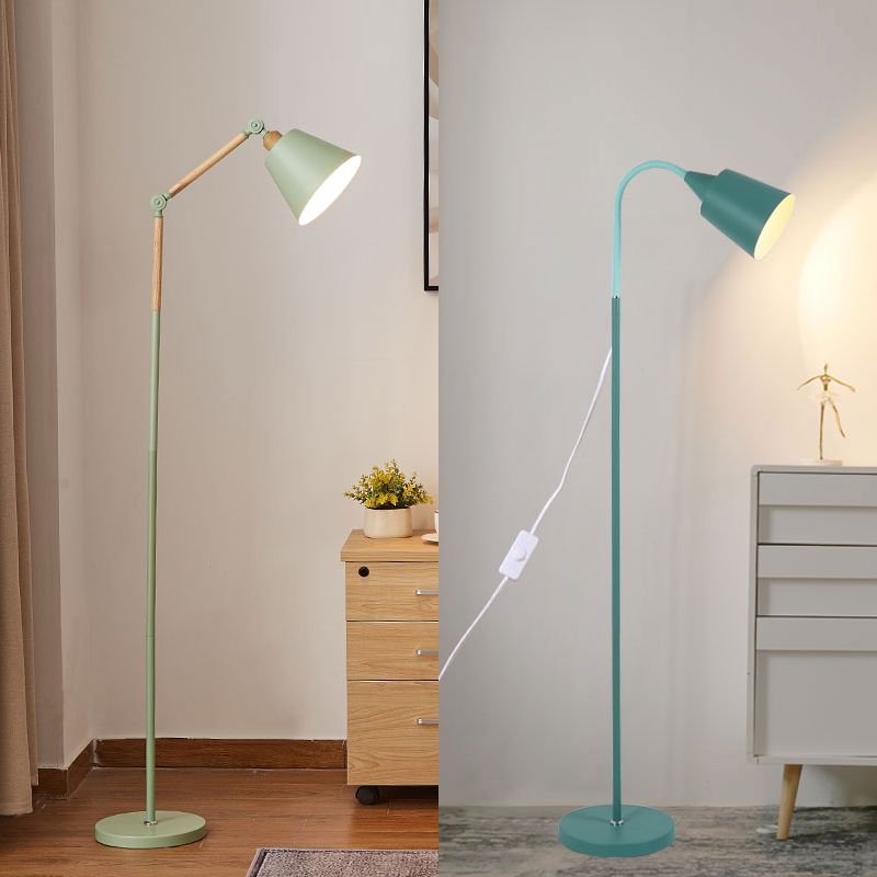 Green Conical Shade Floor Lamp Macaron 1-Bulb Metal Standing Light with Adjustable Arm