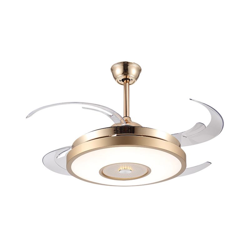 Gold Drum Pendant Fan Lamp Fixture Modernist Acrylic Living Room 4 Blades LED Semi Flushmount, 48" Wide