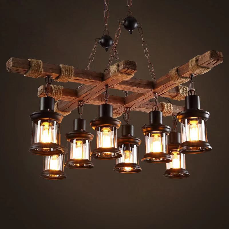 8-Light Sputnik Chandelier in Industrial Vintage Style Wooden Ceiling Light for Coffee Shop