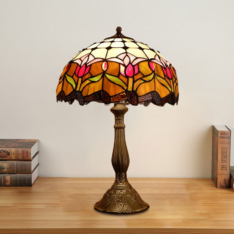 Domed Nightstand Light 1-Bulb Stained Art Glass Baroque Blossom Patterned Night Lighting in Red/Beige/Green