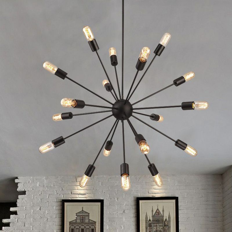 Iron Black Finish Pendant Chandelier Sunburst 18 Heads Industrial Suspension Light for Dining Room