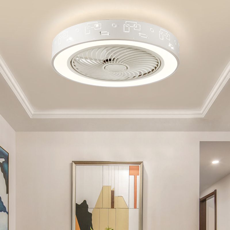 Invisible-Blade Drum Shaped Fan Light Kit Nordic Acrylic White LED Semi Flush Light for Bedroom