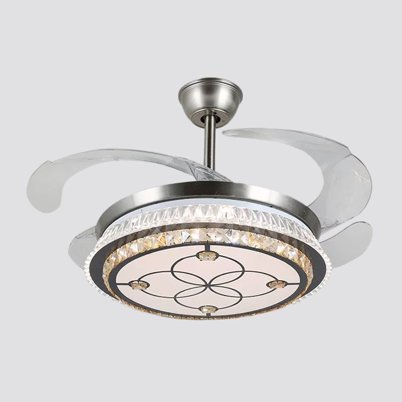 Silver Layered 4 Blades Semi-Flush Mount Modernism LED Crystal Pendant Fan Light Fixture, 19" Wide