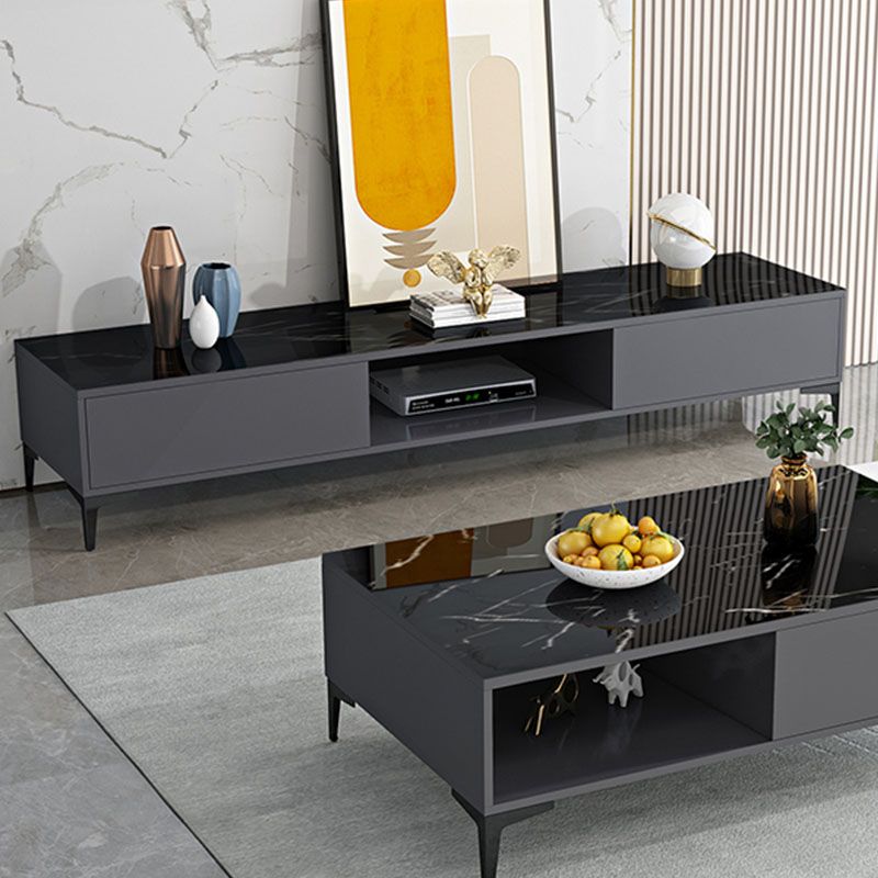 Contemporary Glossy TV Console Black/White Wood TV Stand with 2 Shelves