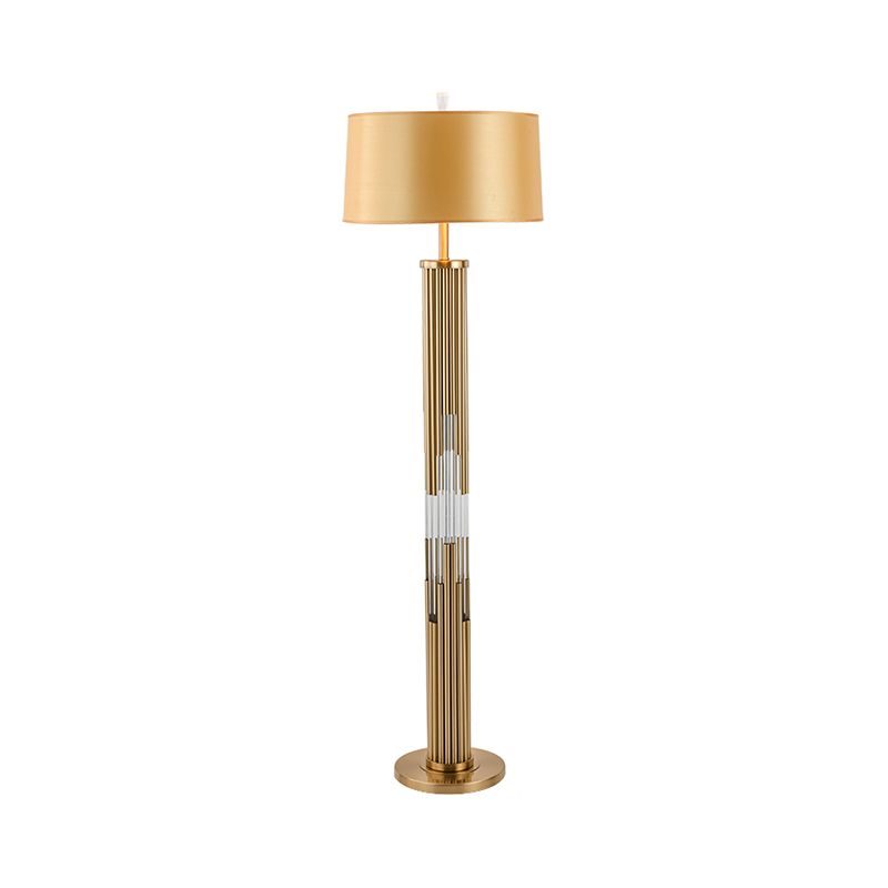 Gold 1 Bulbe Light Light Contemporary Barrel Fabric de tissu Shade Floor Reading Lampe avec tubes en cristal Stand