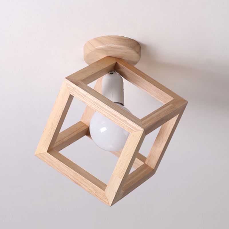 Contemporary Cube Flush Light Fixture Wood 1 Light Flush Mount Ceiling Fixture in Brown