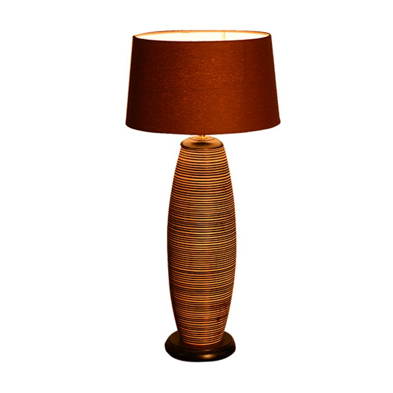 Coffee Cocoon Shaped Night Lighting Asia 1 Head Wood Night Table Lamp with Drum Brown Fabric Shade