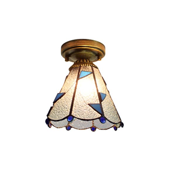 Stained Glass Dome Flush Light  with Triangle/Blue Square/Blue Leaf/Square/Blue Diamond/Diamond Parrern 1 Light Mediterranean Flushmount in Brass Finish