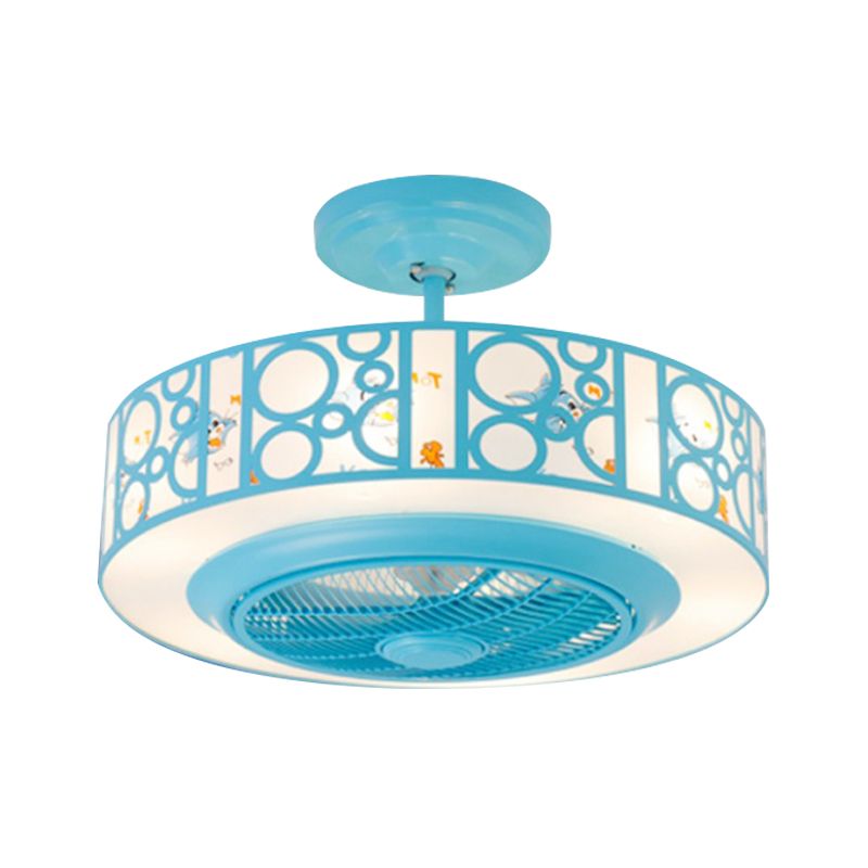 Drum Metal Fan Light Kids LED Pink/Blue 3 Blades Semi Flush Mount Lighting for Nursery, 23.5" Long