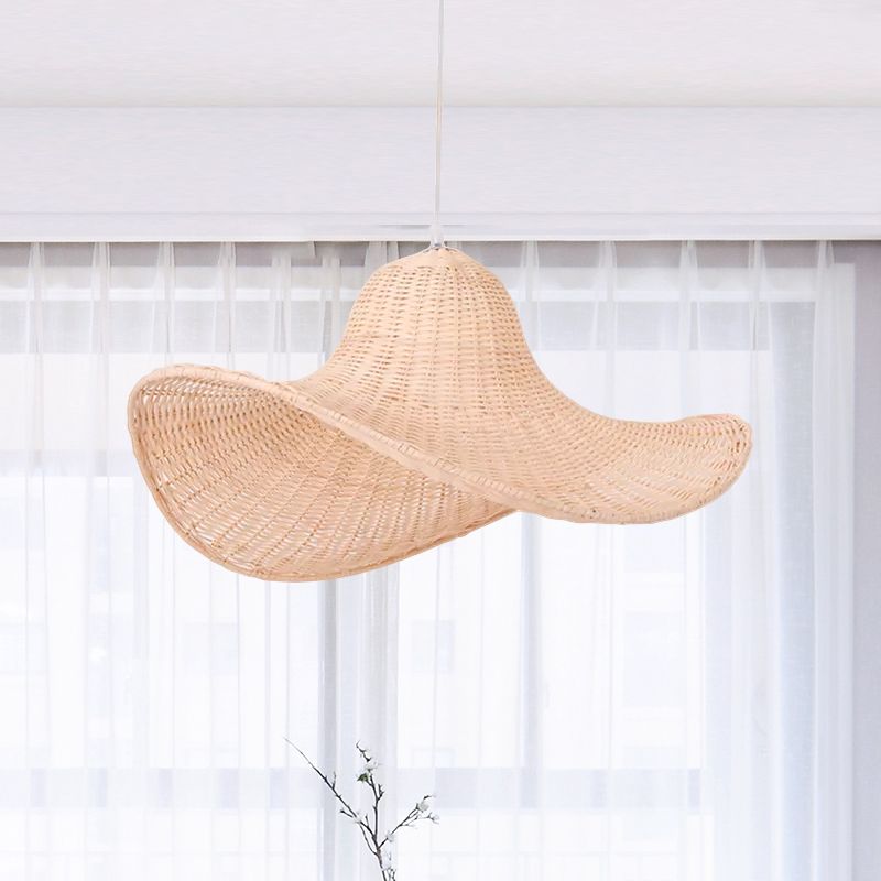 16"/19.5" Long South-east 1-Bulb Hanging Pendant with Rattan Beige Straw Hat Shaped Drop Light for Restaurant Tea House