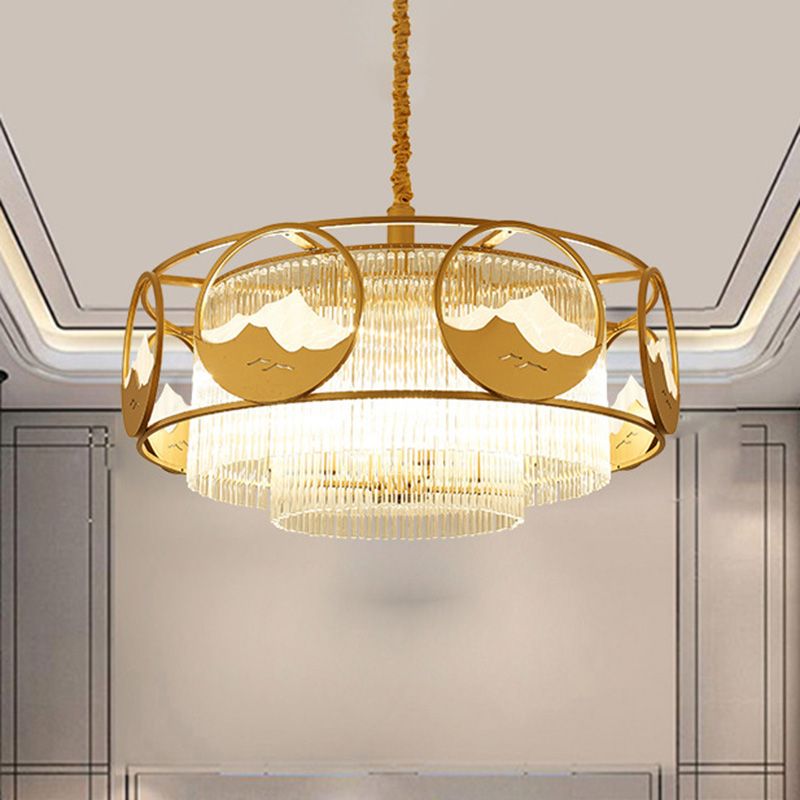 Postmodern 8 Lights Ceiling Pendant Gold Square/Round Chandelier Lamp with Crystal Rod Shade