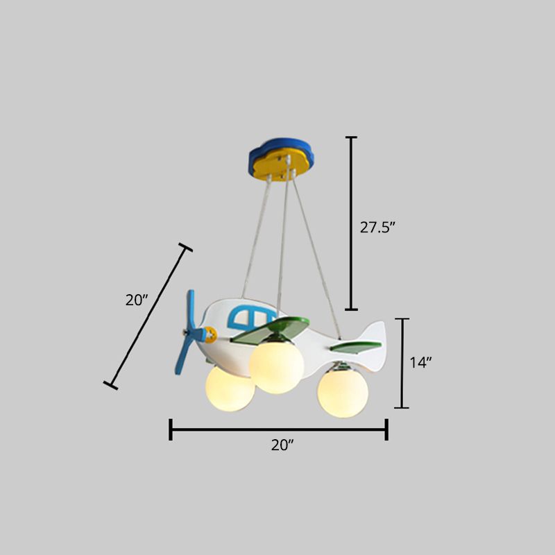 Aereo Cartoon Aeromobile lampadario in legno in legno 3-bulba Camera appesa alla luce con sfera di vetro bianco