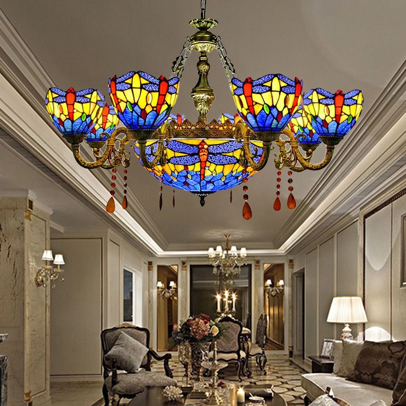 Chandeliers for Living Room, Dragonfly Pendant Ceiling Lamp with Stained Glass Shade and Amber Crystal Decoration