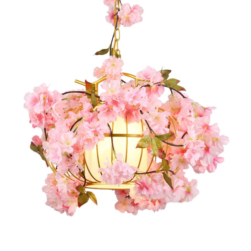 1 Light Metal Hanging Light Fixture Factory Red/Pink/Green Lantern Cage Down Lighting with Fabric Shade and Fake Plant/Flower