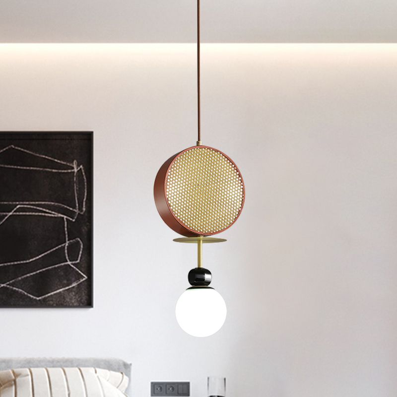 Red Gong Hanging Chandelier Vintage 3 Heads Iron Pendant Lamp with Pierced Screen and Bottom Ball White Glass Shade