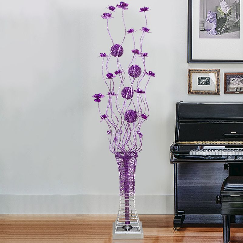 Purple LED Floor Lamp Art Decor Aluminum Pagoda Flower Floor Standing Light with Twig Design