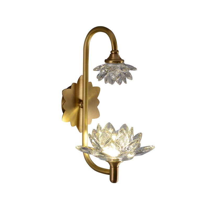 1 Bulb Bedroom Wall Sconce Fixture Modernist Style Brass Finish Wall Lamp with Lotus Clear Crystal Shade