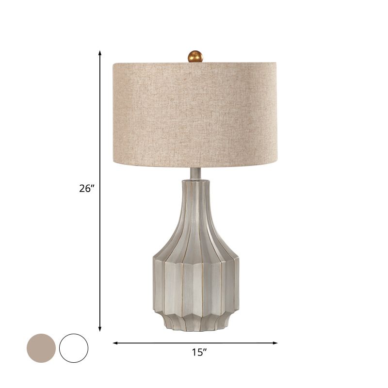 1-Light Drum Table Lamp Countryside White/Beige Fabric Reading Book Lighting with Ridged Vase Base